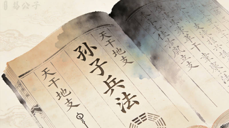宣纸纹理背景上的古代军事典籍，意境悠远神秘