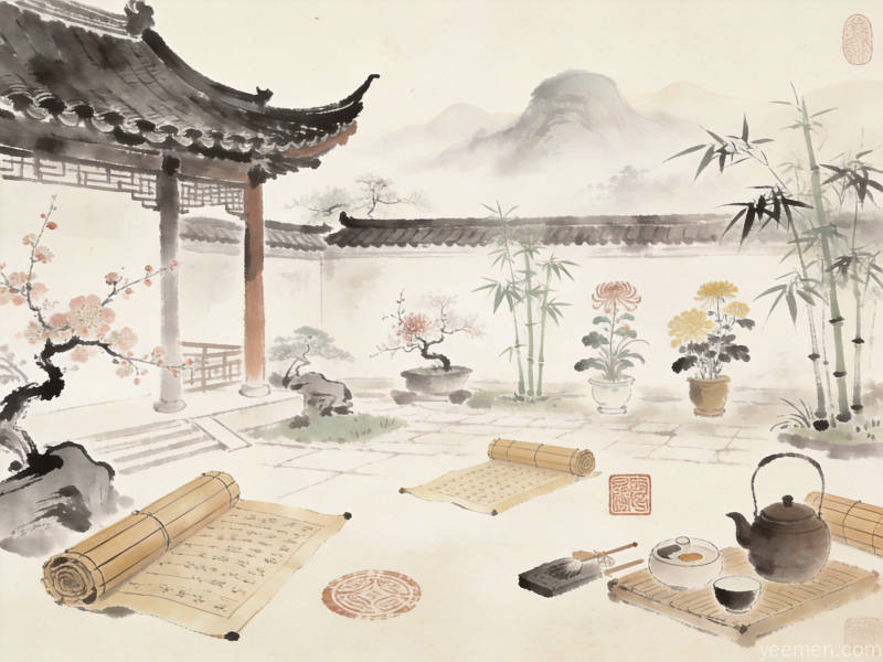古建筑飞檐梅兰竹菊与山水意境，体现民俗文化传承的清雅氛围