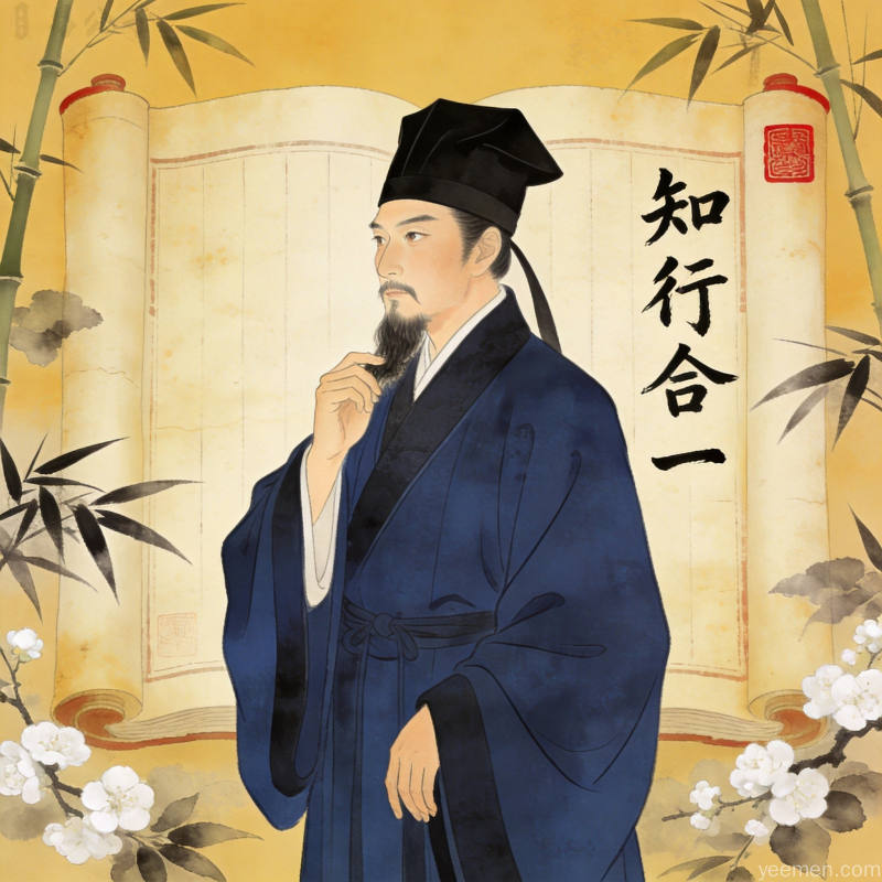中国古代哲学家王阳明肖像，国潮插画风格，体现心学智慧