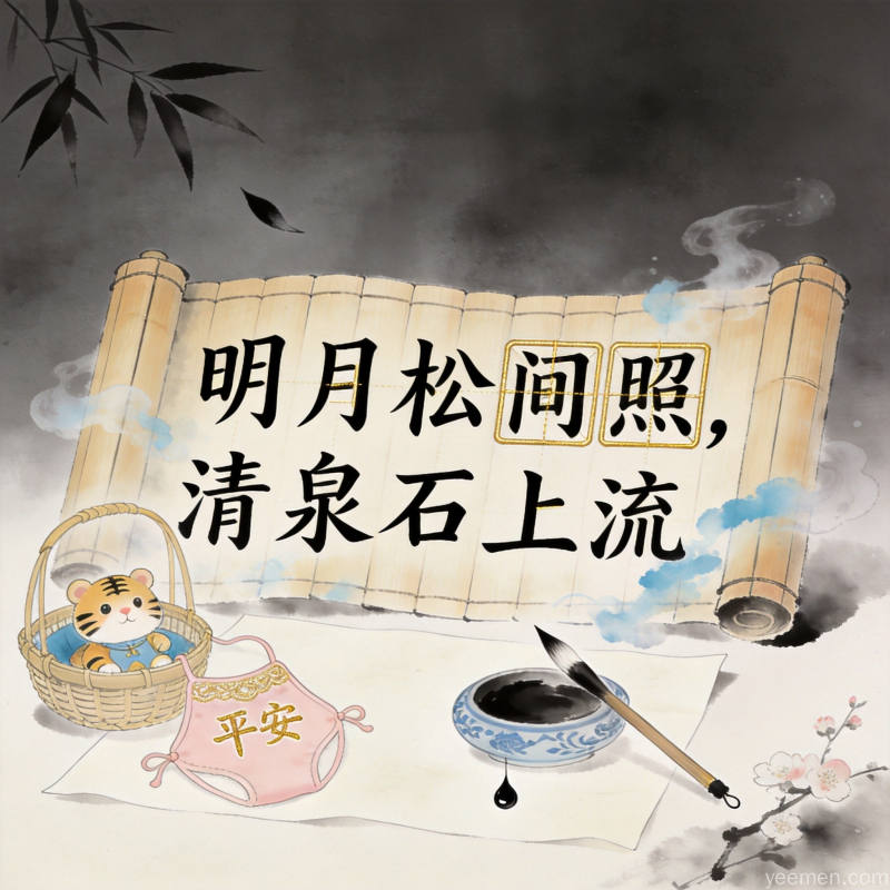 古风卷轴上的诗词与婴儿用品，展示诗词与起名的结合