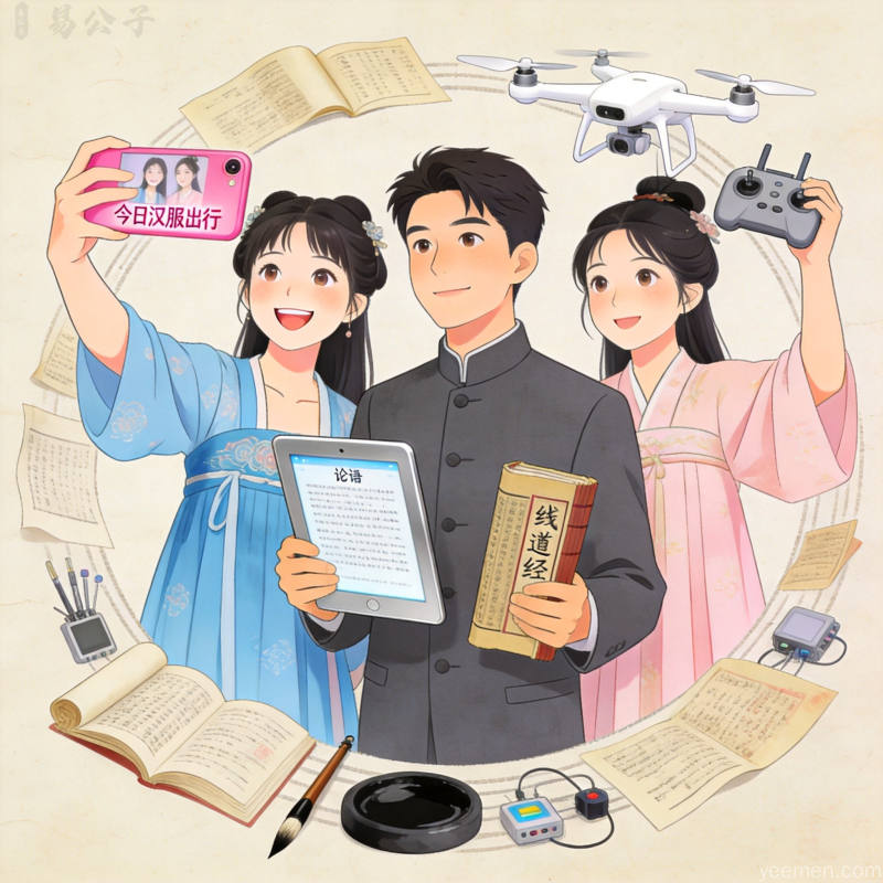 年轻人与传统文化的相遇，穿着汉服的年轻人在学习国学