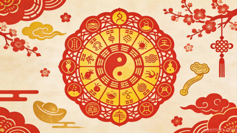二十四节气元素装饰图案，包含节气符号、如意元宝等吉祥元素，红色金色为主，体现节气文化的祥瑞宁静氛围