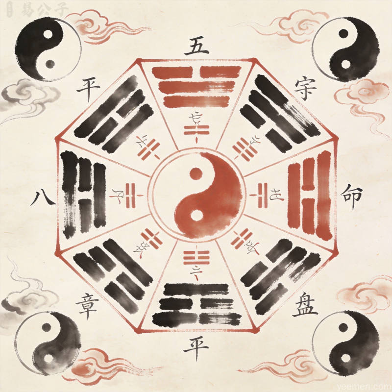 古风合婚意象图,画面呈现鸳鸯戏水与红绳缠绕的传统婚配符号,背景点缀桃花枝与并蒂莲,象征姻缘天定的美好寓意