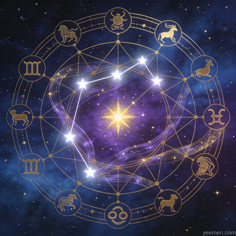 十二宫位诀配图：深蓝夜空中星辰轨迹如命运之线