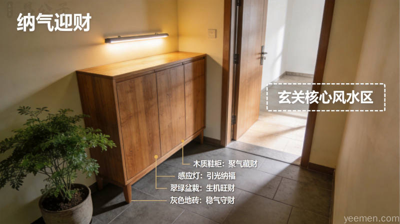 卧室风水布局示意图,床头靠墙、灯光柔和、色调淡雅,营造安静安稳的睡眠环境