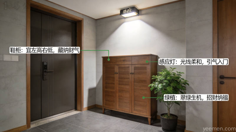 现代客厅风水布局示意图,沙发背靠实墙,财位摆放绿植,整体氛围温馨稳重