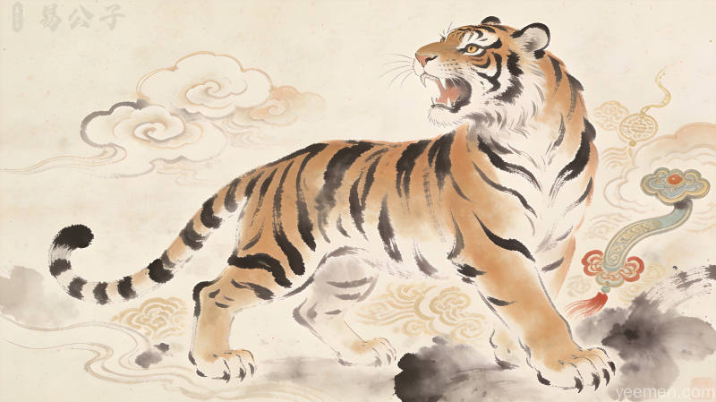水墨晕染风格的生肖虎图案，寅虎昂首姿态威严灵动，周围环绕祥云和如意纹样，呈现喜庆吉祥的古朴意境