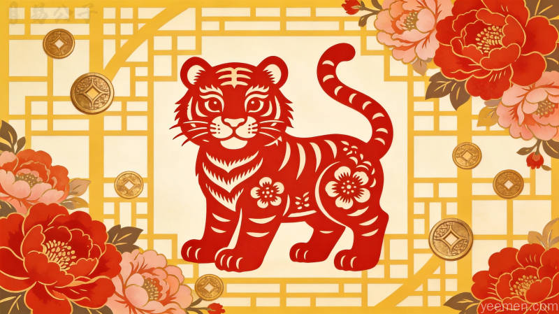 剪纸风格的寅虎图案，红色剪纸老虎造型，周围装饰牡丹花和铜钱元素，呈现富贵华美的喜庆氛围