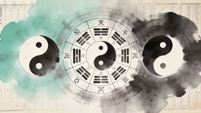 水墨渐变风格的命盘图案，中心为天干地支和五行符号罗盘，周围有太极图和古书纹理背景，呈现意境悠远的神秘氛围
