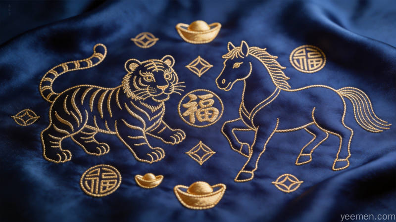 金线勾勒风格的生肖虎与午马组合图案，寅虎与午马相合成局，周围点缀金色元宝和福字纹样，呈现祥瑞典雅的贵气氛围