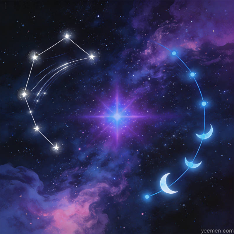 紫微星盘意象图：紫微星居中的命盘星空，神秘银河环绕