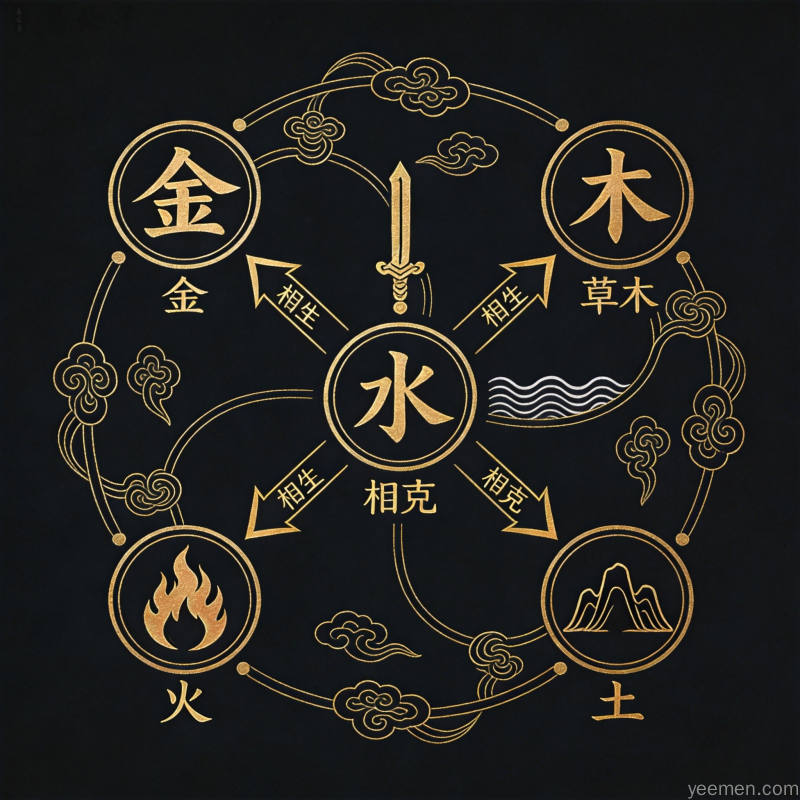 五行流转命理图解：金线书写的五行相生相克关系，典雅精致
