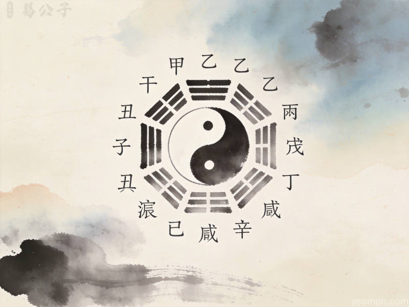 命理学入门知识图解:阴阳鱼与天干地支组合的古典命盘示意图