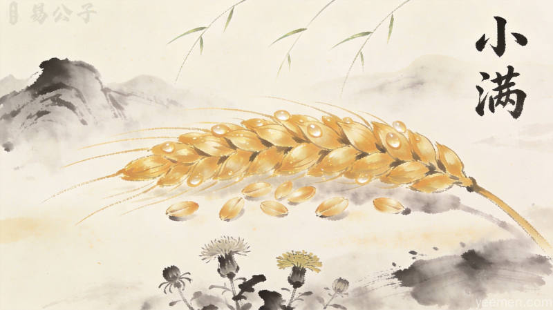 小满三候图解，苦菜繁茂、细草枯萎、麦子渐熟的物候变化，自然万物生荣枯替指向收获在望