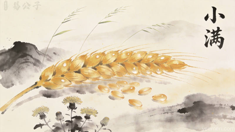小满节气意境图，水墨风格中饱满麦穗与淡墨山水相映衬，右上角有书法小满二字，底部点缀苦菜，整体氛围宁静祥和