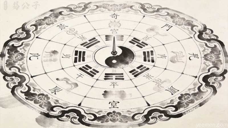 奇门遁甲八门九星符号图解，八门与九星在九宫格中的排列位置清晰展示，水墨古风呈现传统命理文化的深邃意境