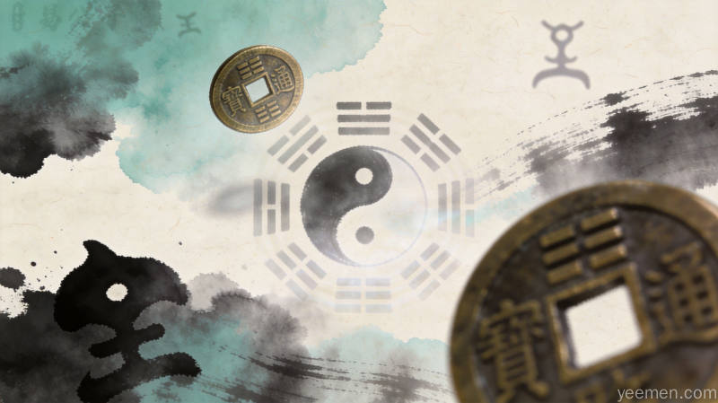 六爻六十四卦卦象图解展示,八卦符号与五行属性对应关系清晰呈现,古籍书页风格呈现六爻文化的历史厚重感