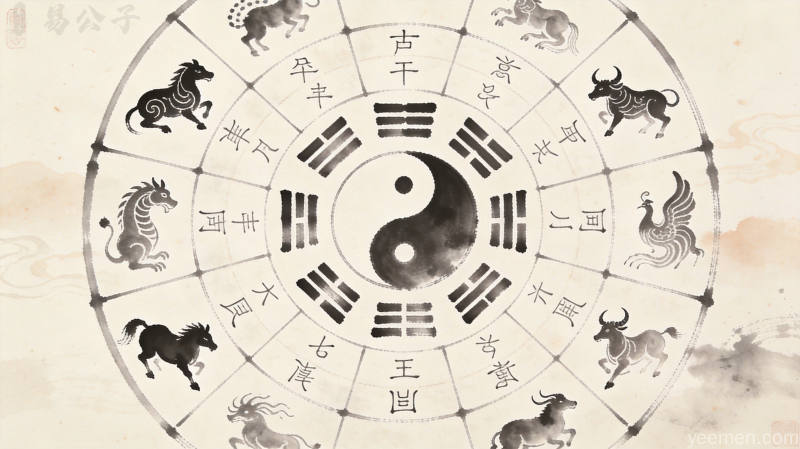 紫微斗数十二宫位呈圆形排列,命盘中心有太极图,周围环绕天干地支符号,整体呈现水墨风格,展现传统命理文化的神秘意境