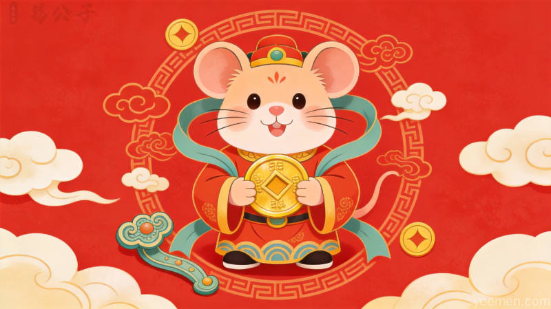 属鼠人2026年事业财运分析图,画面有金色铜钱与元宝点缀,呈现富贵吉祥的文化意象