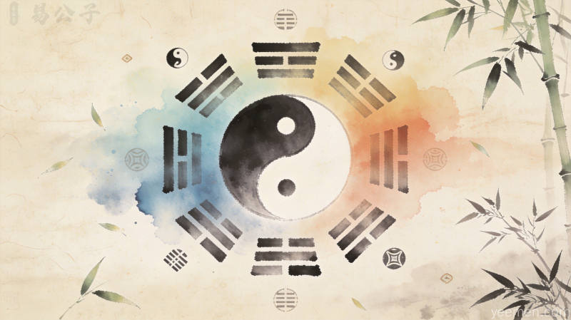 泽水困卦卦象解析：水墨渐变风格八卦图案与五行符号，象征困境与转机
