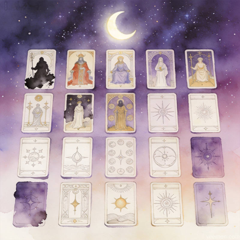 塔罗牌四元素花色展示,权杖圣杯宝剑星币四组牌卡,古典神秘氛围塔罗入门教学