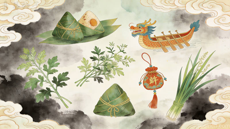 端午节非遗文化元素组合,粽子龙舟艾草香囊菖蒲等传统元素汇聚,祥云纹样装饰,水墨工笔结合的中国传统文化符号民俗插画