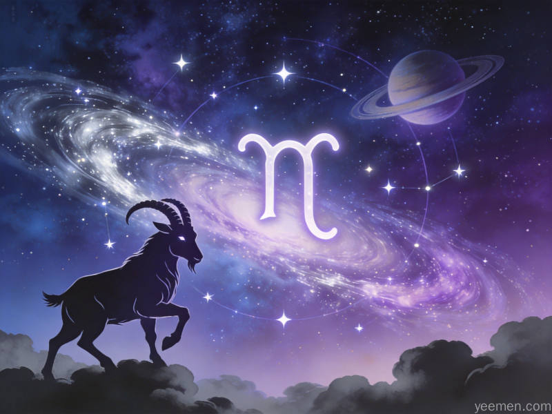 O型血摩羯座星空插画,紫蓝色深邃背景