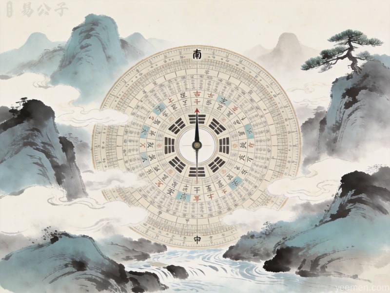 风水罗盘与山水画元素，体现传统堪舆宁静祥和氛围