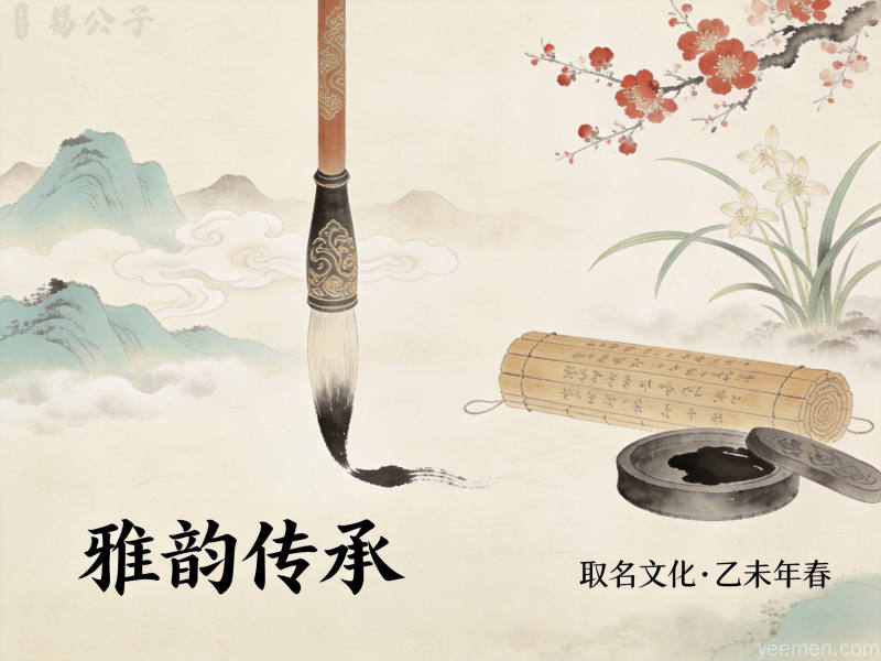 宝宝取名工笔画风格插画,毛笔竹简砚台