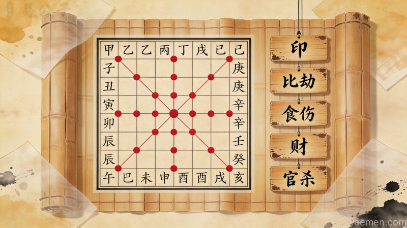 古籍书页质感的命盘图案,展示十天干十二地支排列组合,体现传统国学十神智慧
