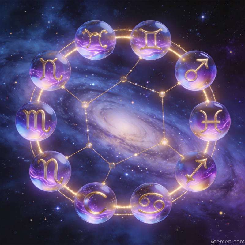 星座运势占星图案：行星运行与星座连线，浪漫唯美紫蓝配色