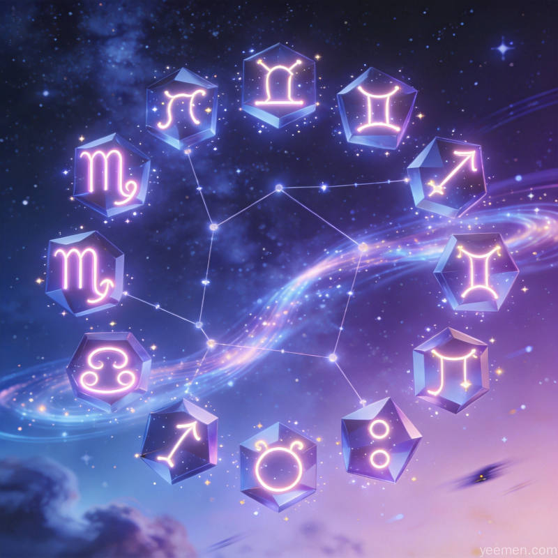 星座符号图案：星象命盘与宇宙星空，神秘梦幻数字艺术风格