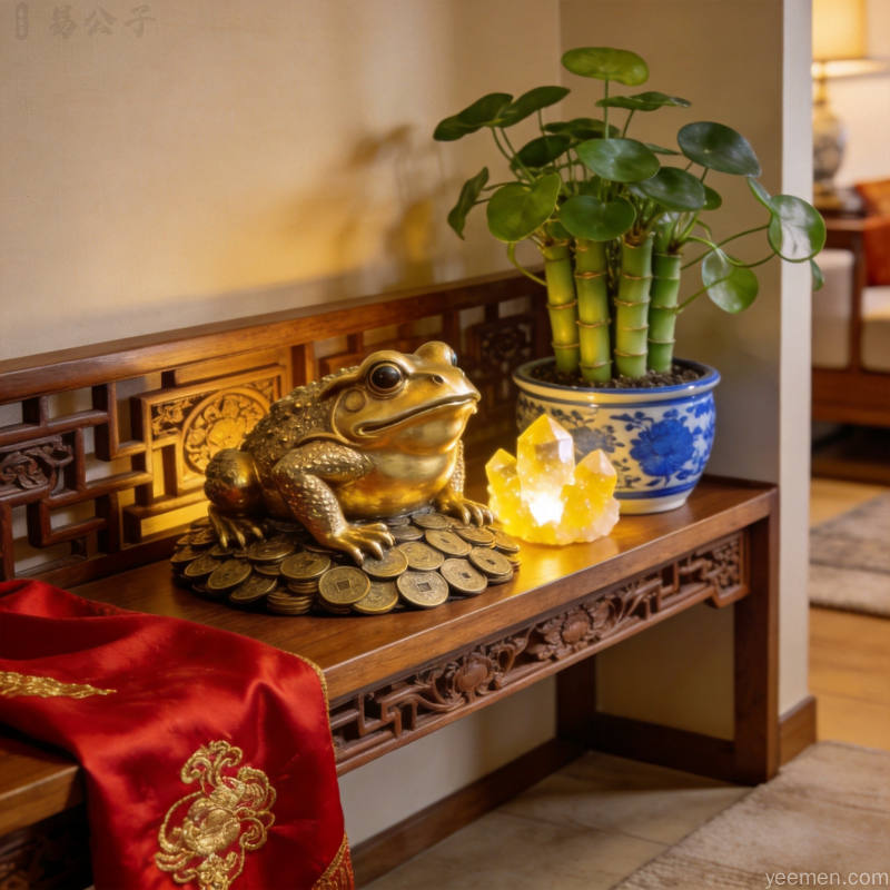 财位避煞与布局要点金色与蓝色对比展示招财与化煞元素中式传统纹样装饰体现大气稳重的居家风水美学