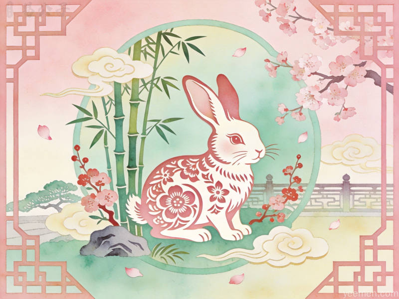 属兔人财运提升国潮插画风格金元宝铜钱与生肖兔元素结合牡丹花与祥云装饰体现富贵吉祥财源广进的美好寓意