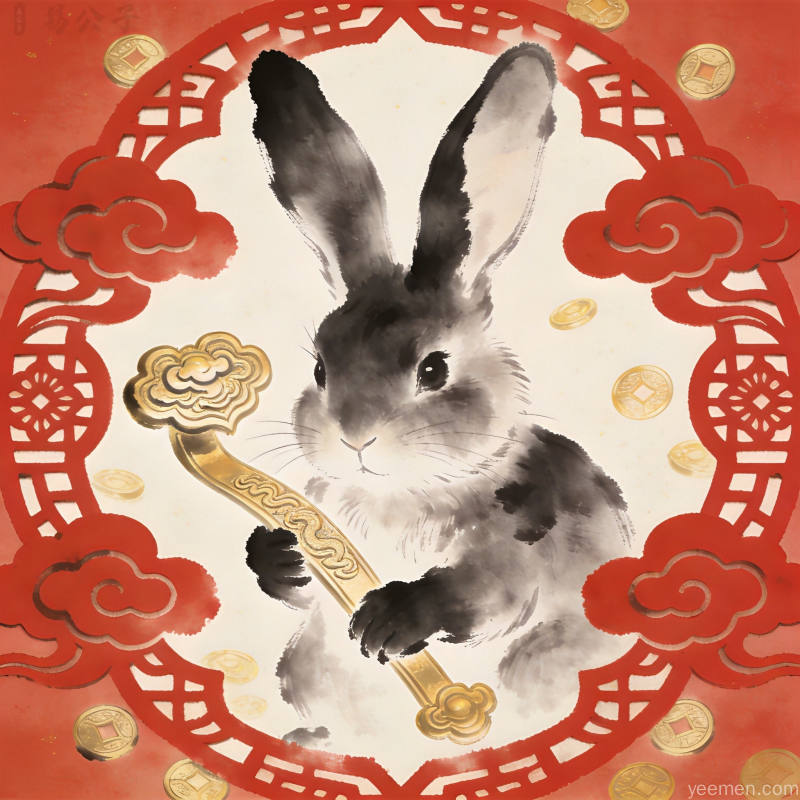 生肖兔猴转运图:传统剪纸纹样与吉祥元素,古典雅致节日氛围