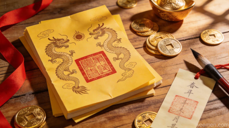 传统择吉黄历详解图册，呈现五行八卦与宜忌事项，配以古铜罗盘与毛笔书法元素