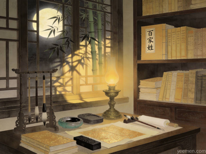 古代书房古籍场景，书香门第文房四宝