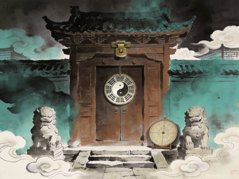 卧室环境布局示意图，水墨山水风格，床头朝向与门窗位置关系，宁静祥和