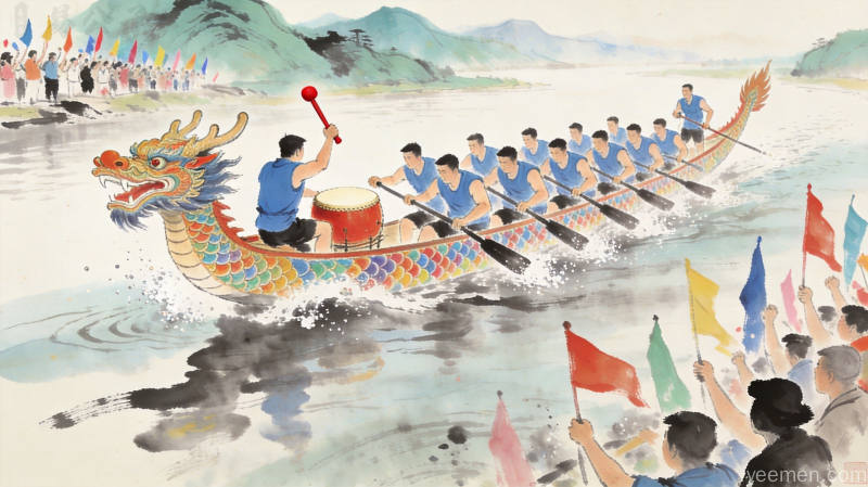 端午节龙舟竞渡场景,水墨风格的传统龙舟在江河中飞驰,两岸青山绿水,划桨手整齐划一,岸边观众呐喊助威,意境悠远的中国风画面