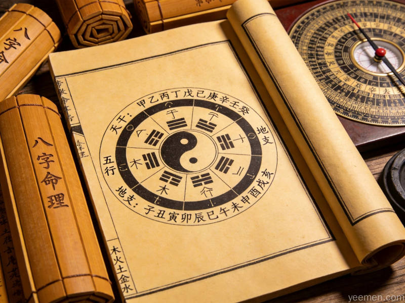 命盘流年走势图,水墨渐变风格,天干地支与五行符号环绕,神秘深邃