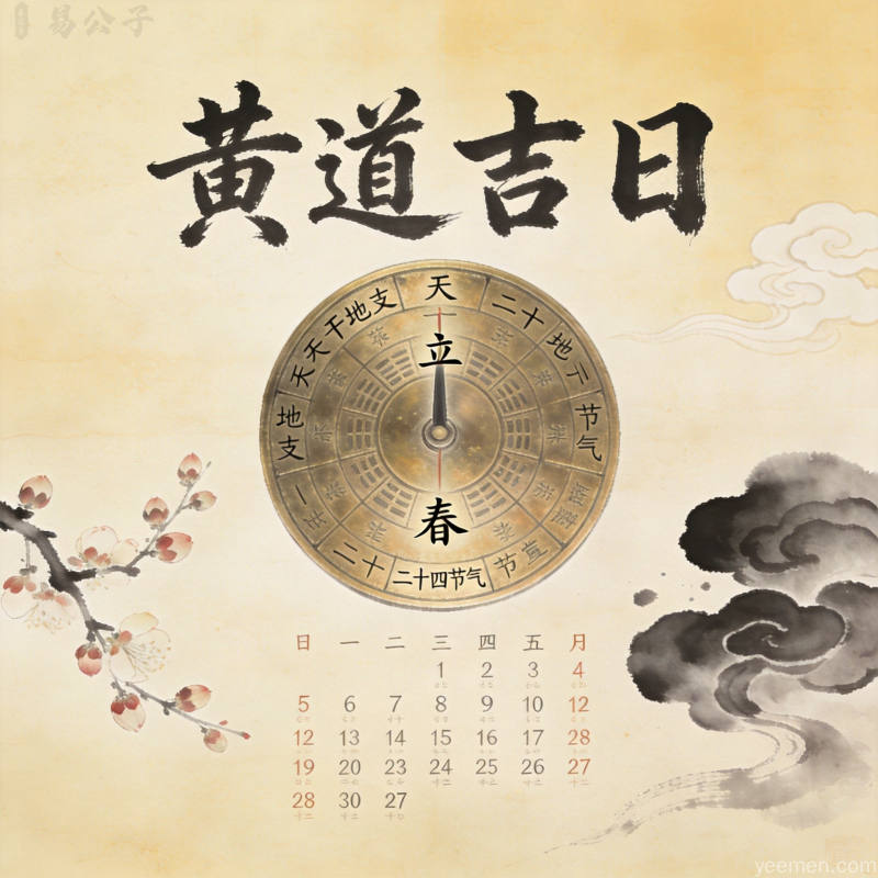 传统黄历日历与罗盘结合，古籍工笔画风格，展现黄道吉日的历法智慧与时空选择