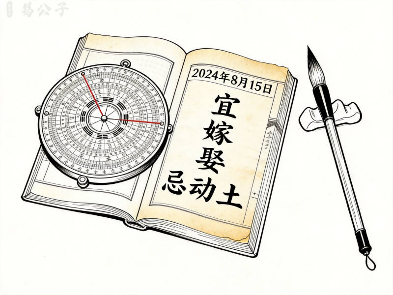 罗盘与黄历结合的择日场景,画面典雅古朴