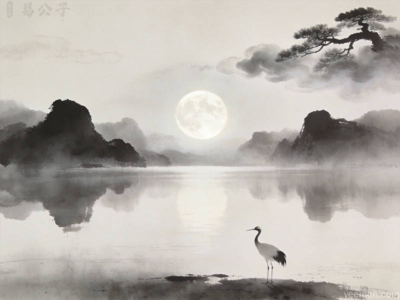 水墨意境下的梦境意象,皎月映照湖面,仙鹤立于湖畔,古典神秘氛围