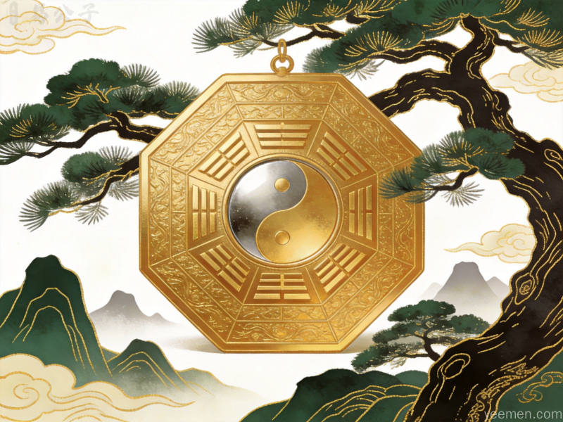 金线勾勒风格床头朝向示意图，罗盘配松柏山水，诠释卧室方位与气场关系