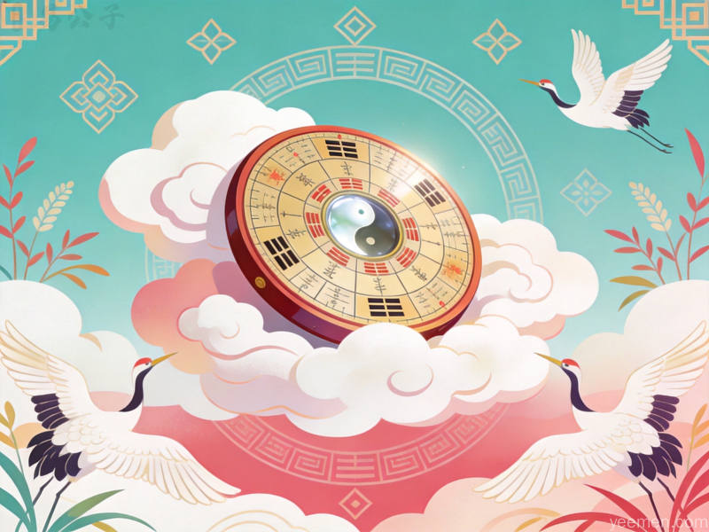 国潮插画风格卧室床头朝向指南，罗盘与祥云仙鹤呈现温馨睡眠环境营造法