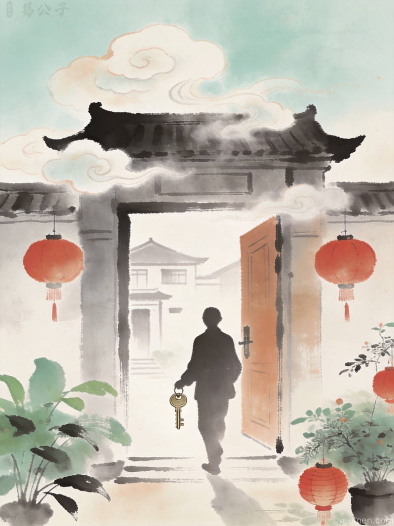 传统中国风格搬家择吉图，红灯笼高挂新居大门，绿植点缀门两侧，整体氛围乔迁之喜、吉祥如意