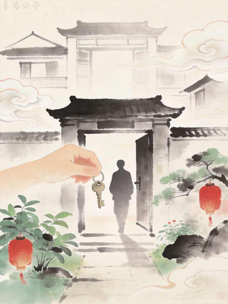 水墨风格搬家入宅吉祥图，新居门口摆放红色中国结与绿植，元宝与铜钱点缀，寓意富贵吉祥、乔迁之喜