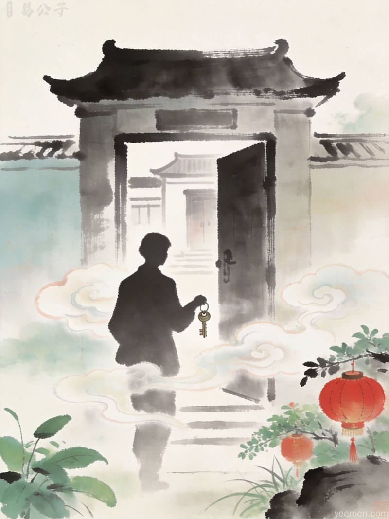现代简约风格搬家入宅图，一家人喜迁新居、其乐融融，门口摆放行李箱与绿植，温馨氛围十足