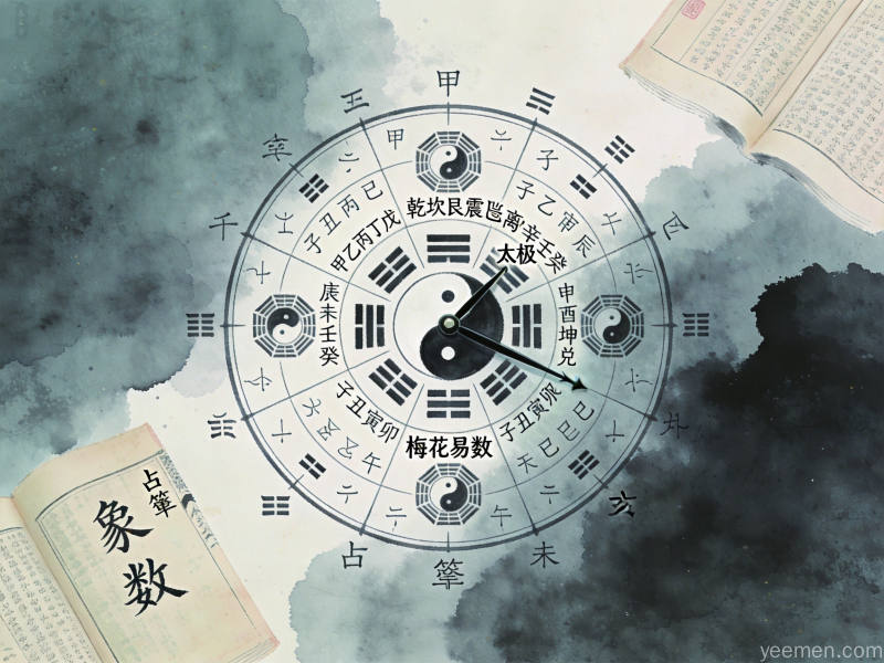 水墨晕染风格梅花易数预测图,画面以命盘为中心,周围环绕八卦图与天干地支符号,古籍书页与罗盘元素点缀其间