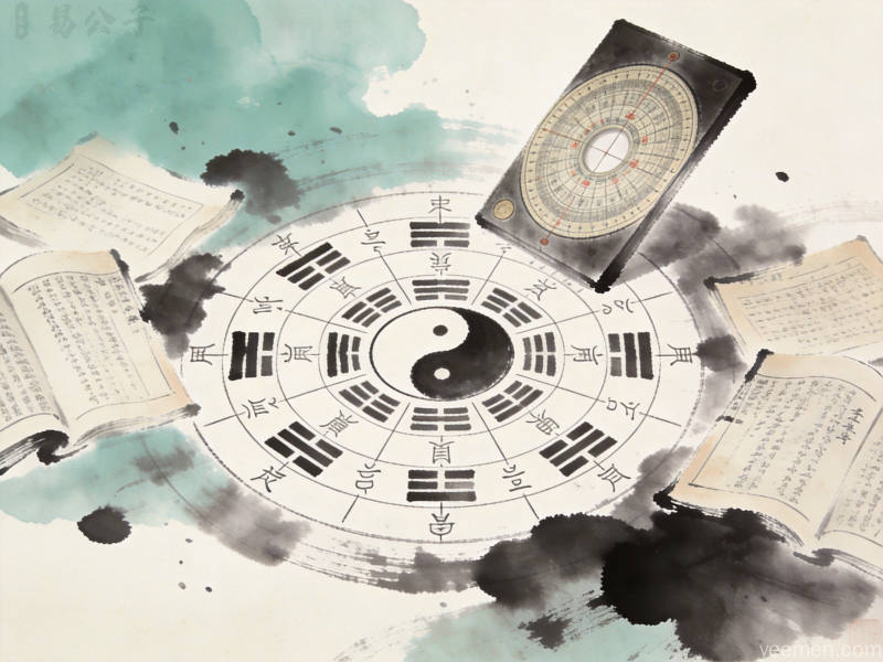 古籍书页风格的梅花易数车牌号起卦图,罗盘置于书卷之上,天干地支符号环绕其间,古朴典雅